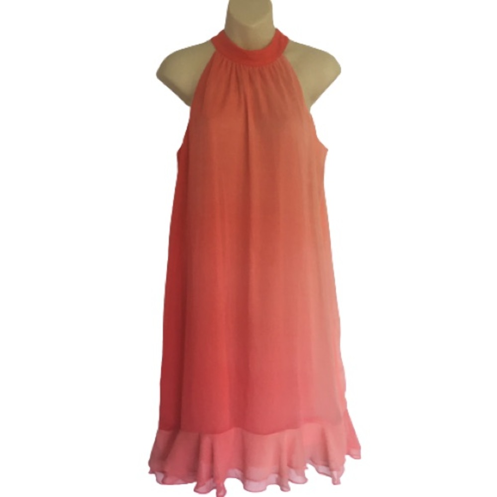 RW&CO. Coral Ombre Ruffle High Neck Trapeze Dress